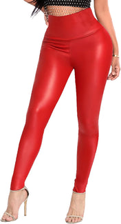 Faux leather high waisted leggings for women – shiny butt lifting PU pants with stretch fit