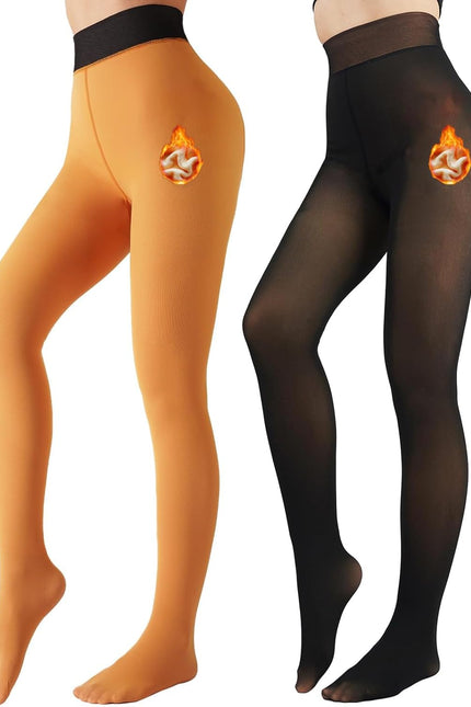 2 Pairs Women Fleece Lined Tights-Fake Translucent Leggings High Waist Pantyhose Sheer Thick Warm Tights for Women