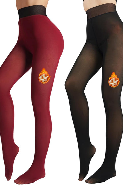 2 Pairs Women Fleece Lined Tights-Fake Translucent Leggings High Waist Pantyhose Sheer Thick Warm Tights for Women
