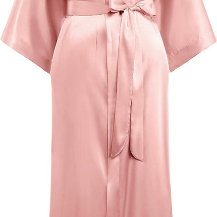 Women wearing long satin kimono robe with silky finish and tie waist in caramel color