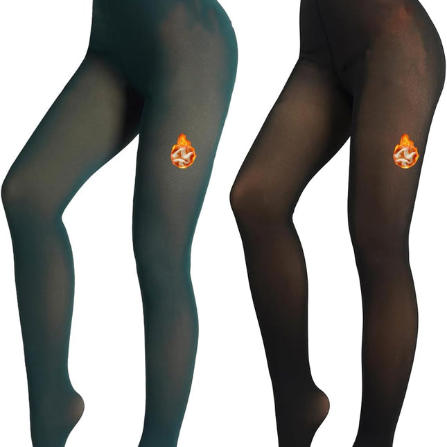 2-pack fleece lined sheer tights for women with fake translucent look and high-waist winter fit