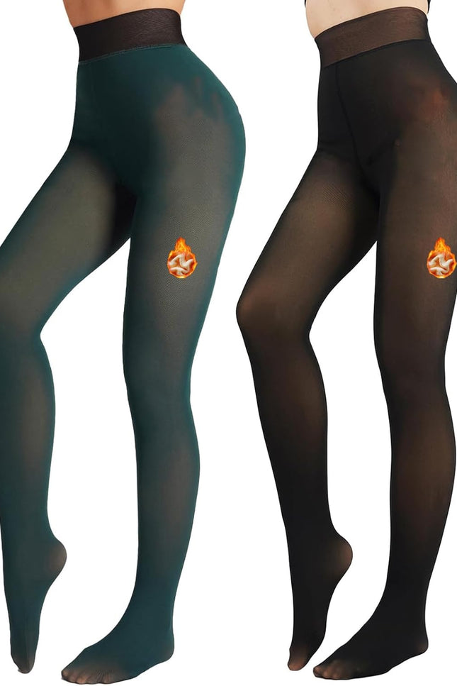 2 Pairs Women Fleece Lined Tights-Fake Translucent Leggings High Waist Pantyhose Sheer Thick Warm Tights for Women
