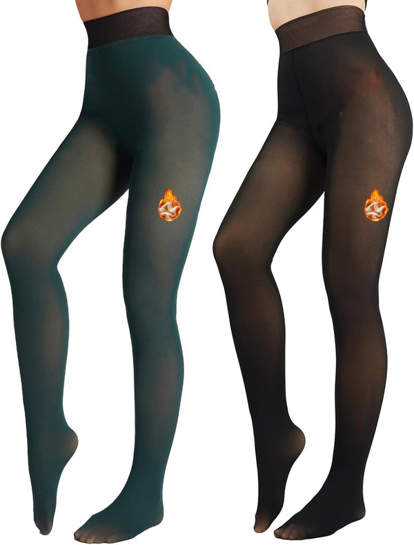 2-Pack Fleece Lined Sheer Tights for Women – Fake Translucent High Waist Winter Pantyhose