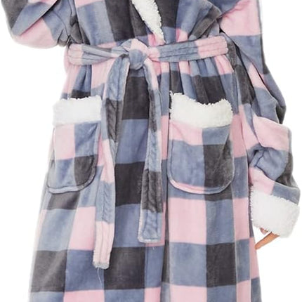 Long plush fleece hooded robe for women with soft warm fabric and relaxed fit
