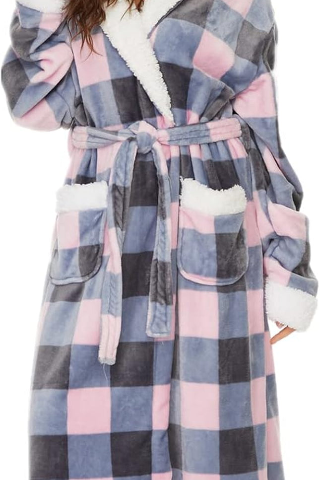 Long plush fleece hooded robe for women with soft warm fabric and relaxed fit