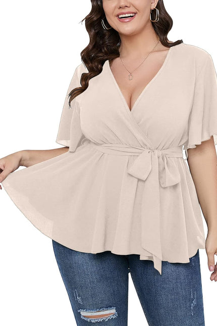 SCOMCHIC Women'S plus Size Short Sleeve V Neck Wrap Belted Ruffle Peplum Blouse Tops