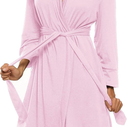 Women wearing lightweight knee length bath robe with 3/4 sleeves and tie waist in leopard khaki