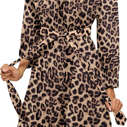 Women wearing lightweight knee length bath robe with 3/4 sleeves and tie waist in leopard khaki