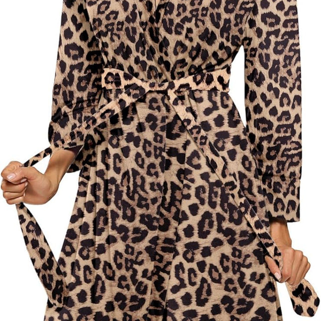 Women wearing lightweight knee length bath robe with 3/4 sleeves and tie waist in leopard khaki