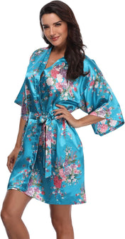 Super Shopping-Zone Women'S Floral Short Satin Bridesmaid Robes Silky Bride Robes Getting Ready