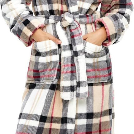Plush fleece hooded bathrobe for women with long full-length design and warm winter comfort