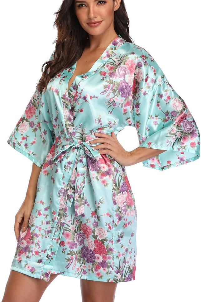 Super Shopping-Zone Women'S Floral Short Satin Bridesmaid Robes Silky Bride Robes Getting Ready