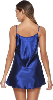 Vlazom Satin Nightshirts Sexy Silk Nightdress Spaghetti Strap Short Negligee Chemise Slip with Deep V Neck
