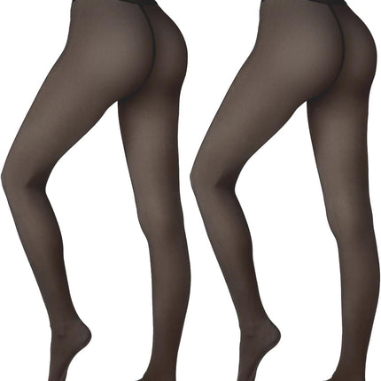 2-pack fleece lined sheer tights for women with fake translucent look and high-waist winter fit