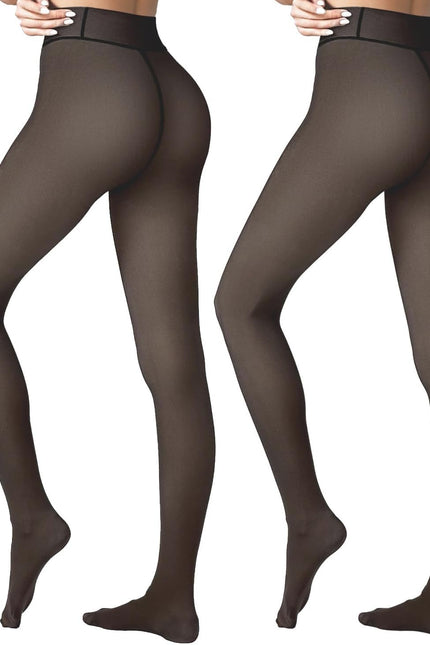 2 Pairs Women Fleece Lined Tights-Fake Translucent Leggings High Waist Pantyhose Sheer Thick Warm Tights for Women