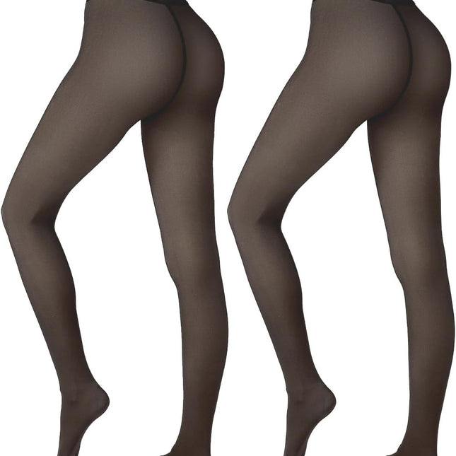 2-pack fleece lined sheer tights for women with fake translucent look and high-waist winter fit