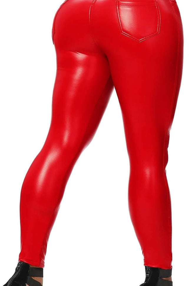 Faux leather high waisted leggings for women – shiny butt lifting PU pants with stretch fit