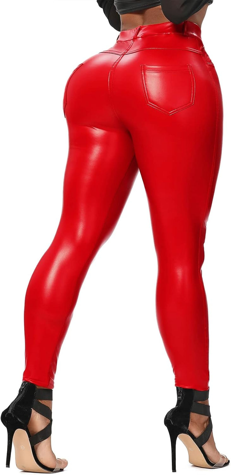 Faux leather high waisted leggings for women – shiny butt lifting PU pants with stretch fit