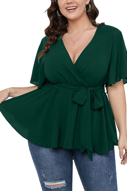 SCOMCHIC Women'S plus Size Short Sleeve V Neck Wrap Belted Ruffle Peplum Blouse Tops