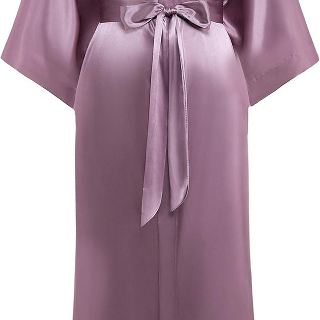 Women wearing long satin kimono robe with silky finish and tie waist in caramel color