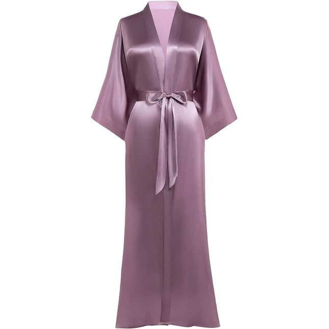 Women wearing long satin kimono robe with silky finish and tie waist in caramel color