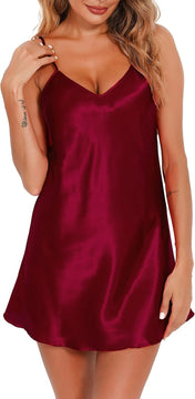 Vlazom Satin Nightshirts Sexy Silk Nightdress Spaghetti Strap Short Negligee Chemise Slip with Deep V Neck