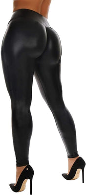 RIOJOY Womens Sexy Leather Leggings PU High Waist Butt Lifting Pleather Pants Stretchy Faux Leather Tights Push Up